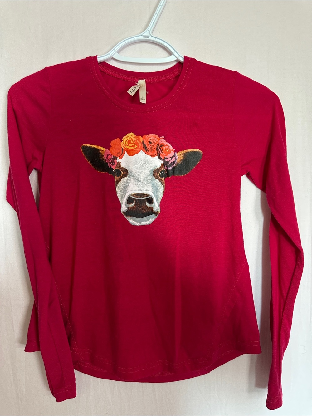 Roper Girls' Long-Sleeve Fuchsia Tee with Floral Cow Graphic
